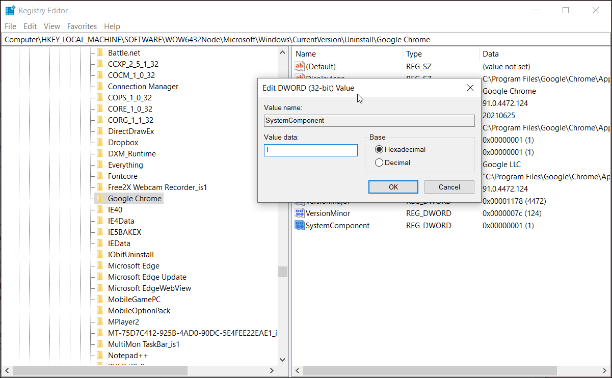 edit dword systemcomponent - Come nascondere i programmi installati su Windows 10