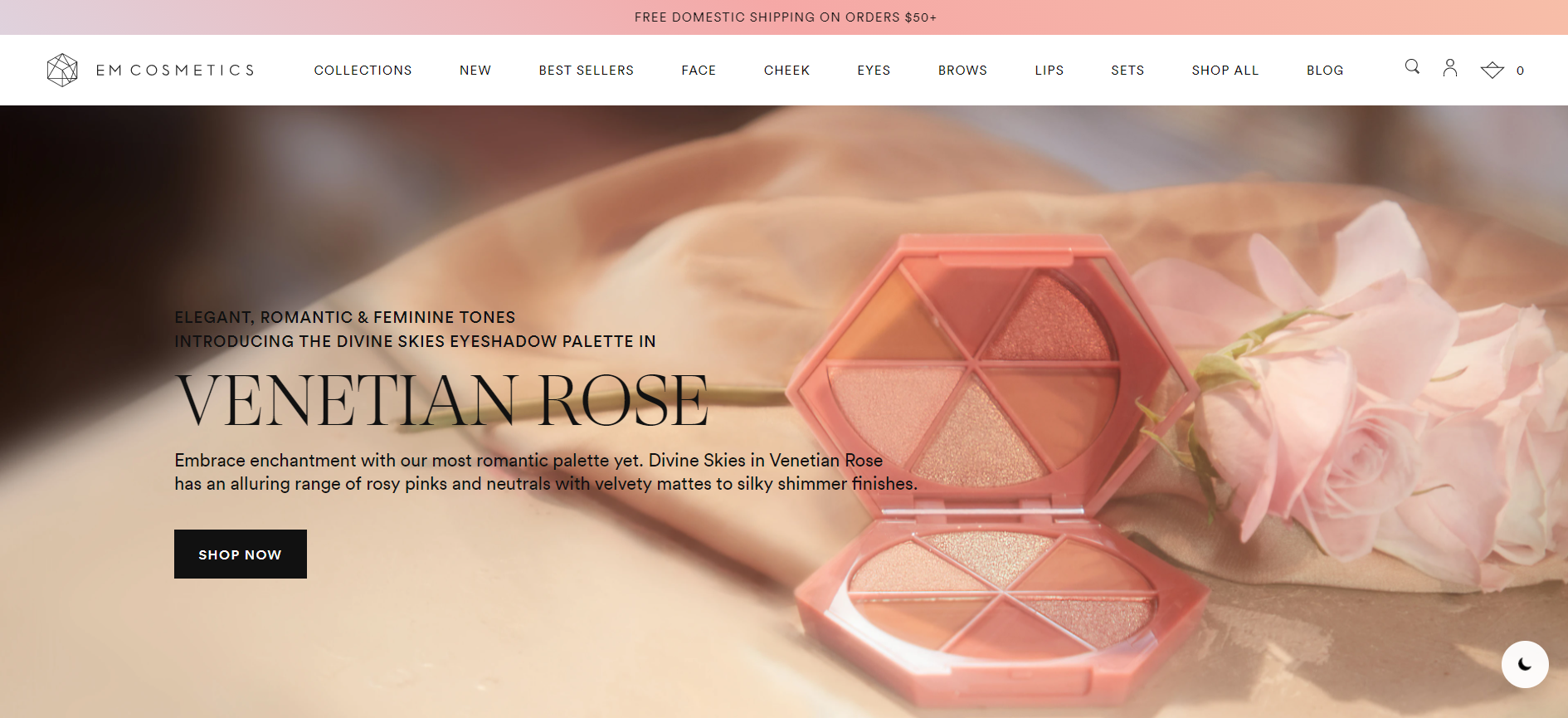 Screen capture of Em Cosmetics website homepage