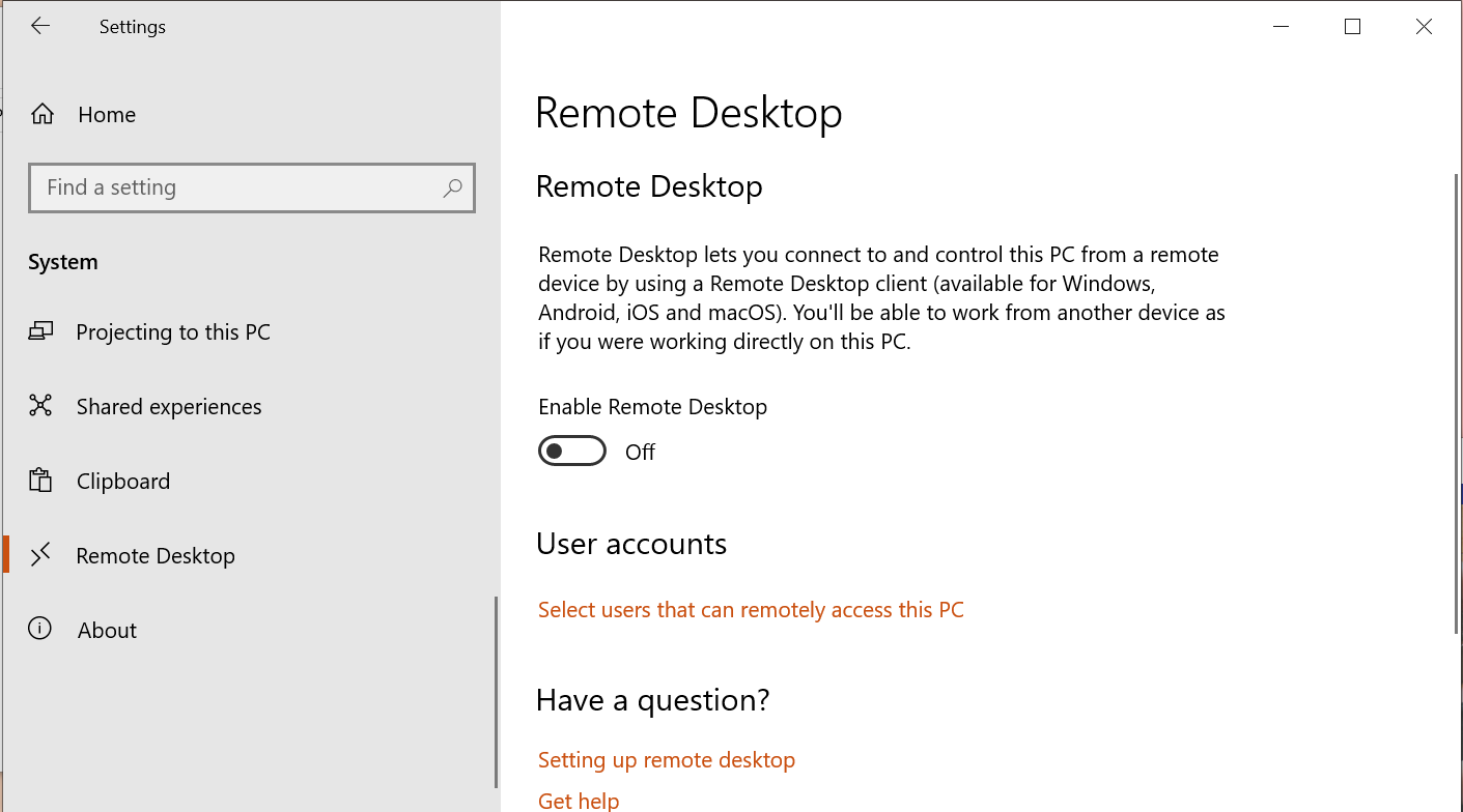enable Remote desktop Windows 10