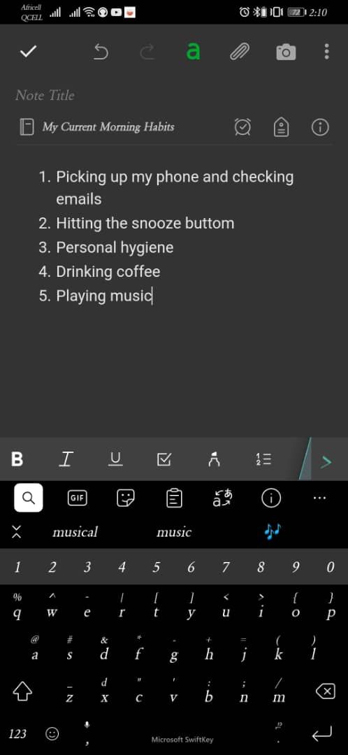 Screenshot of an app to write notes