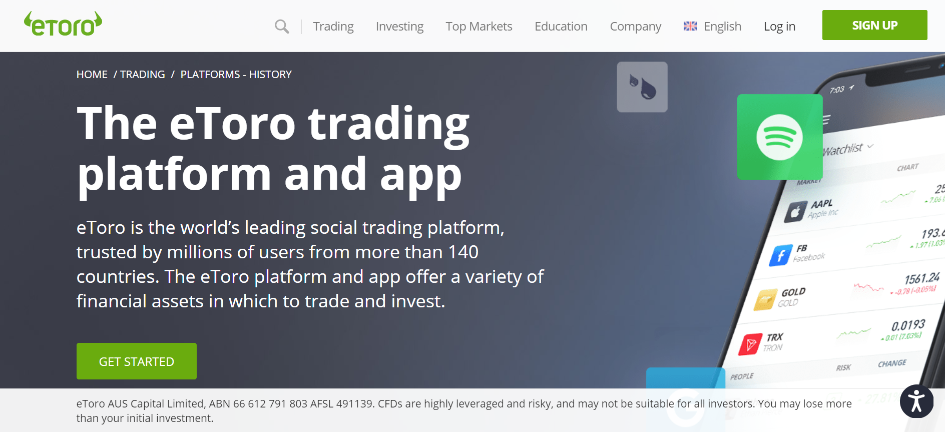 Screen capture of eToro website homepage