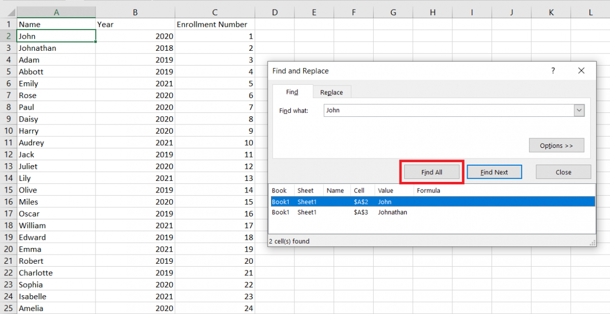 find all option in excel