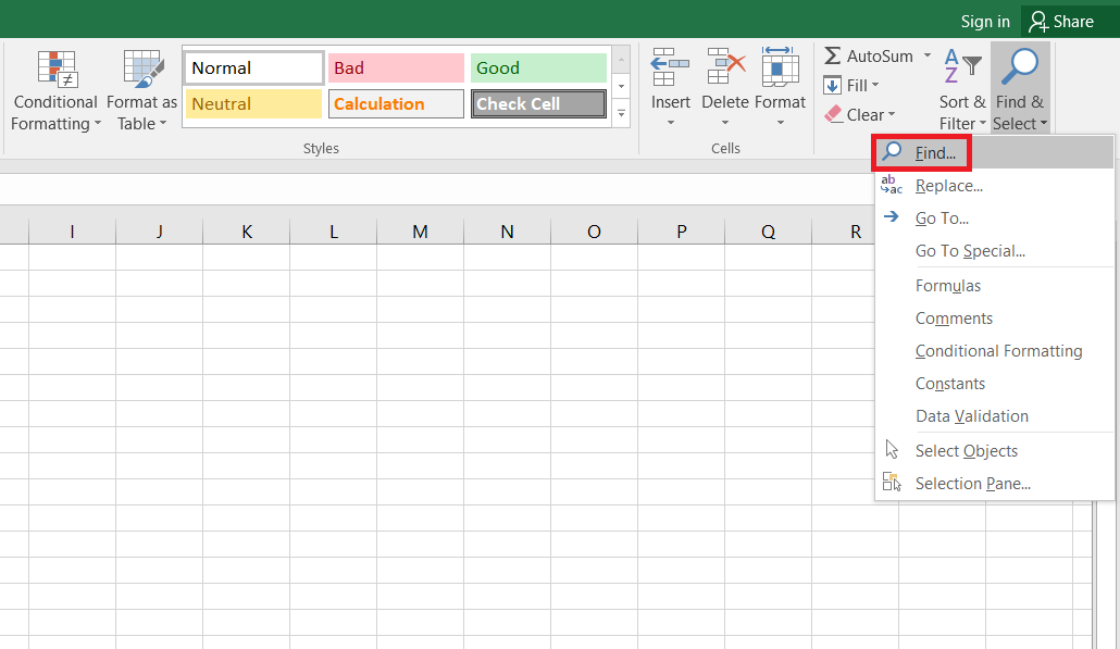 find feature in excel