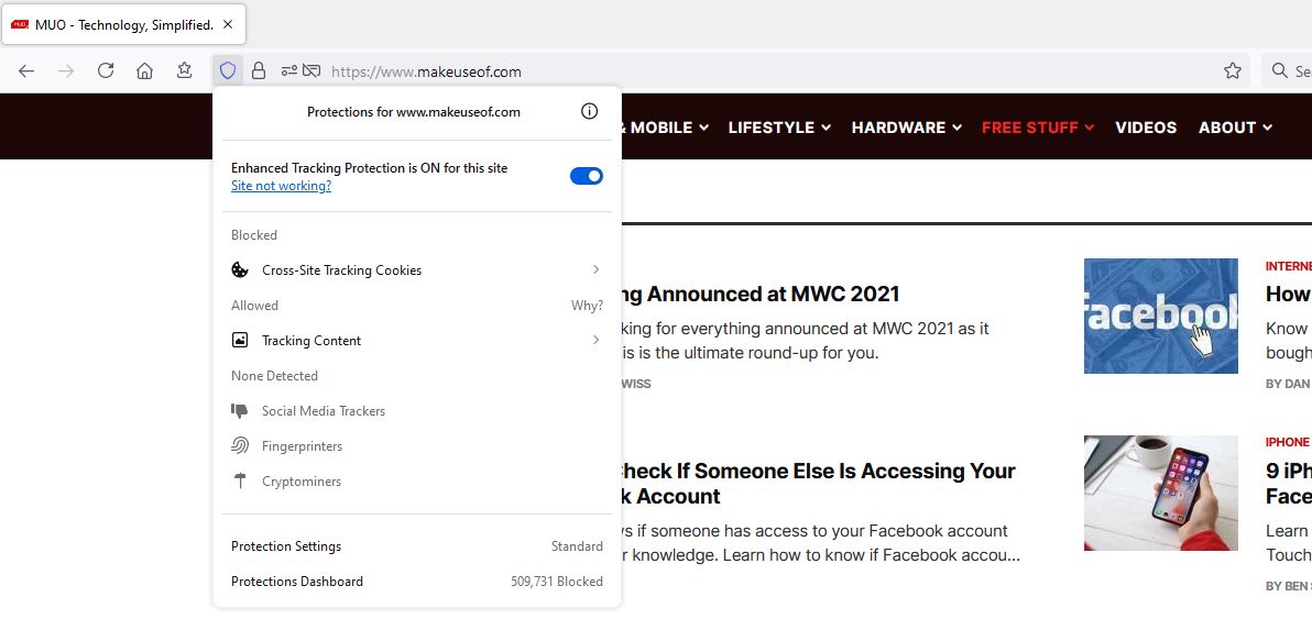 firefox enhanced tracking protection on website