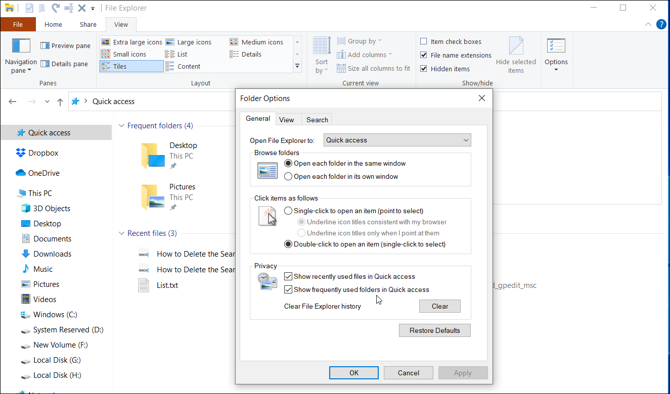 folder options delete file explorer history