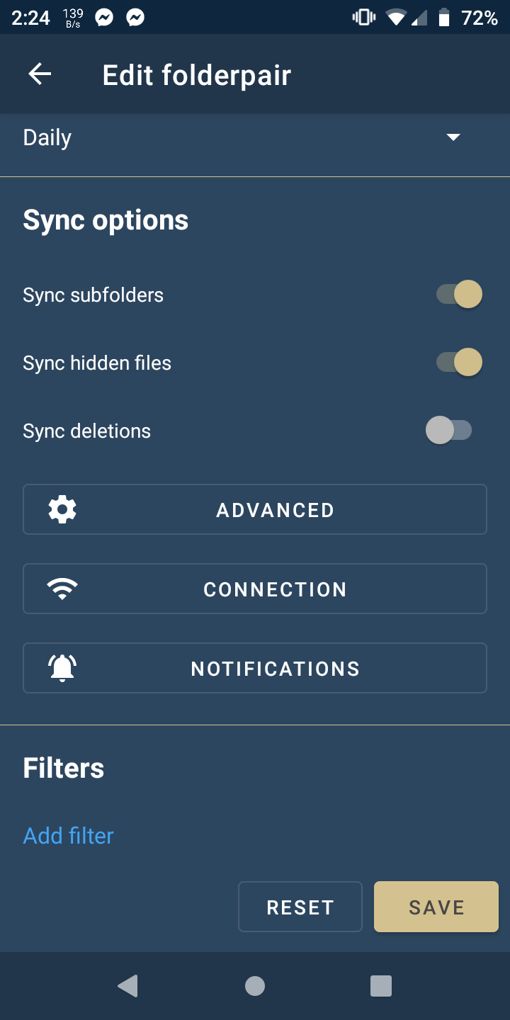 FolderSync's advanced syncing options