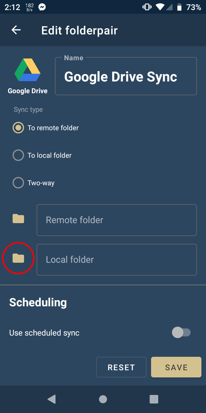 Selecting local folder in FolderSync