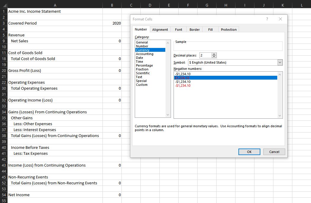 So erstellen Sie eine Gewinn- und Verlustrechnung in Excel - format cells window