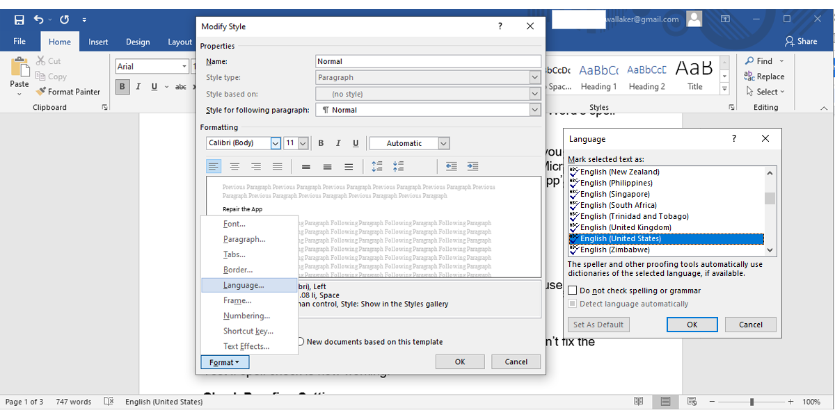 Microsoft Word settings