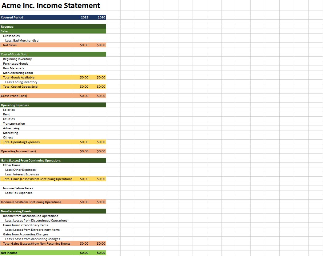 Fully formatted income statement with colorsa