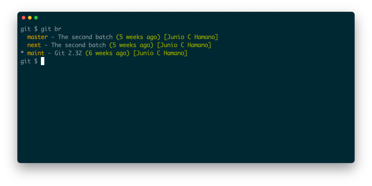 A screenshot of a terminal showing output from a git alias for the branch subcommand