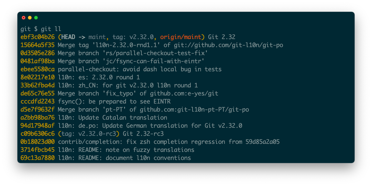 A screenshot of a terminal showing output from a git alias of the log command