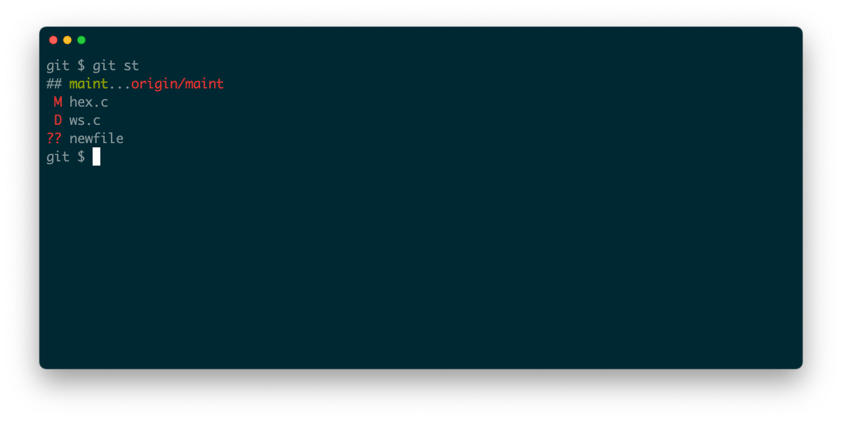 A screenshot of a terminal showing output from a git status alias command