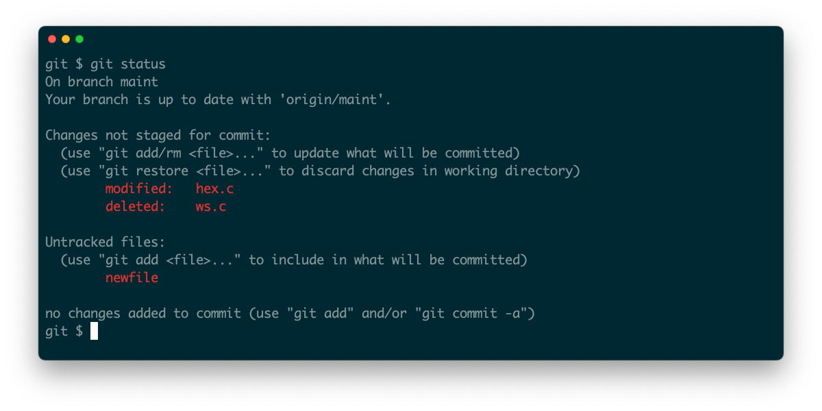 A screenshot of a terminal showing output from the git status command