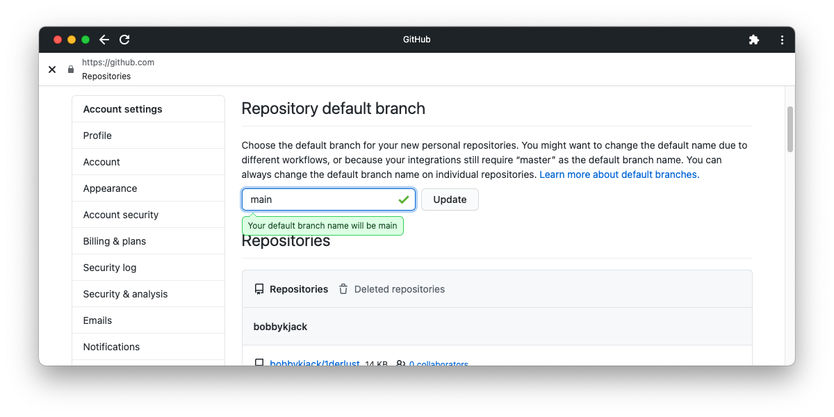 A screenshot of the GitHub website showing the default branch setting being changed