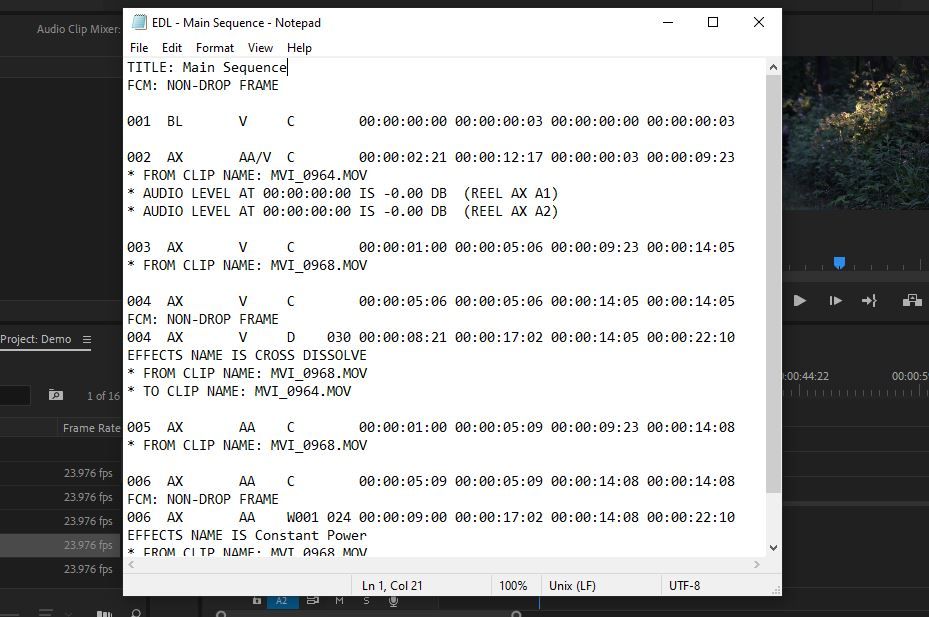 An EDL, exported from Premiere Pro