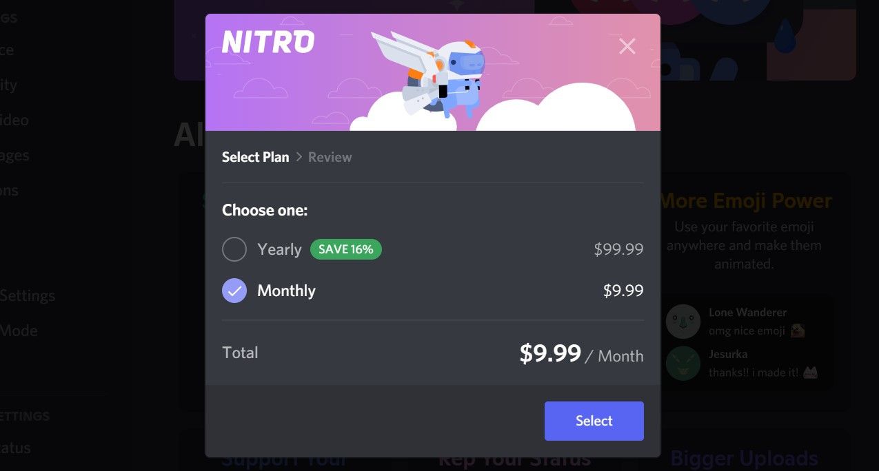 Discord Nitro Yearly and Monthly plans