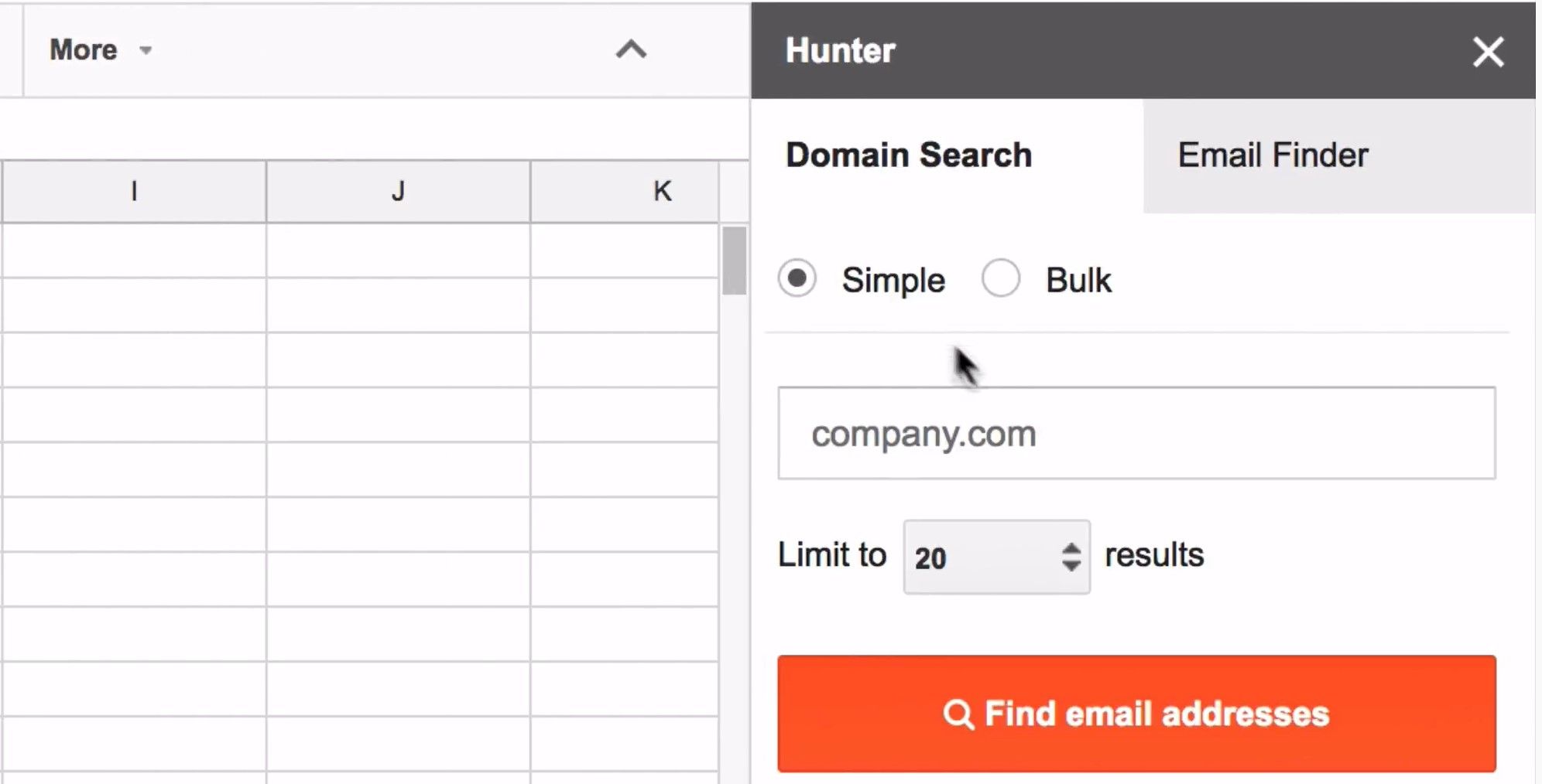 Hunter.io in Google Sheets