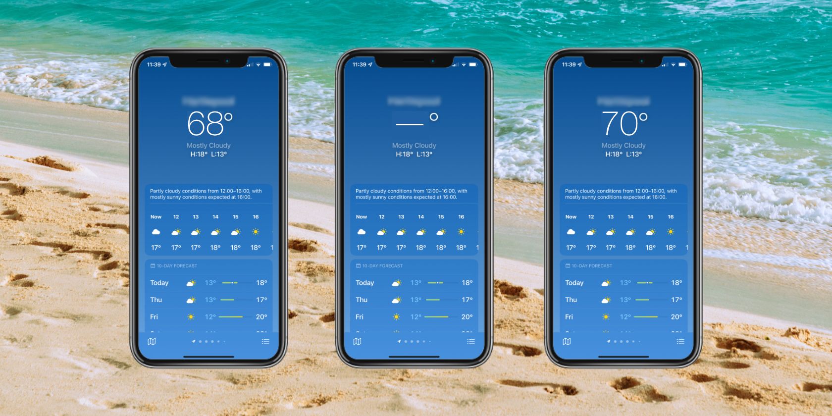 Três iPhones mostrando o aplicativo Weather em frente a um fundo de praia.