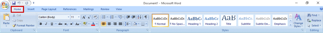 home tab in Microsoft Word