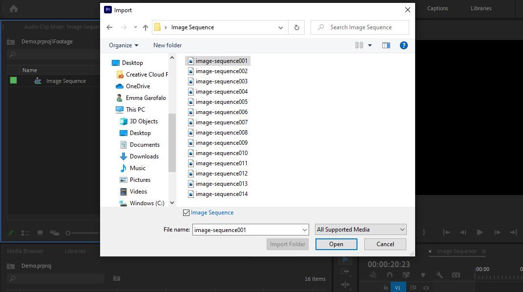 Importing an image sequence into Premiere Pro