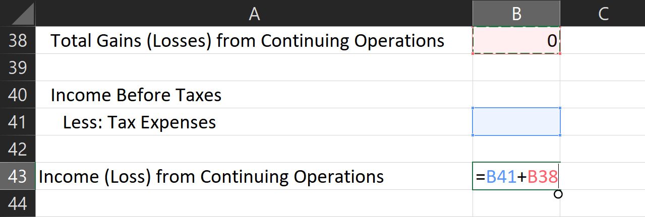 Income from continuing operations formula on Excel