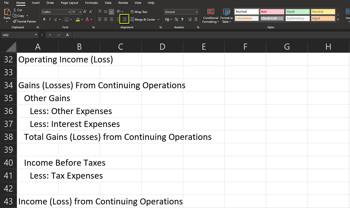 So erstellen Sie eine Gewinn- und Verlustrechnung in Excel - indent function for layout in