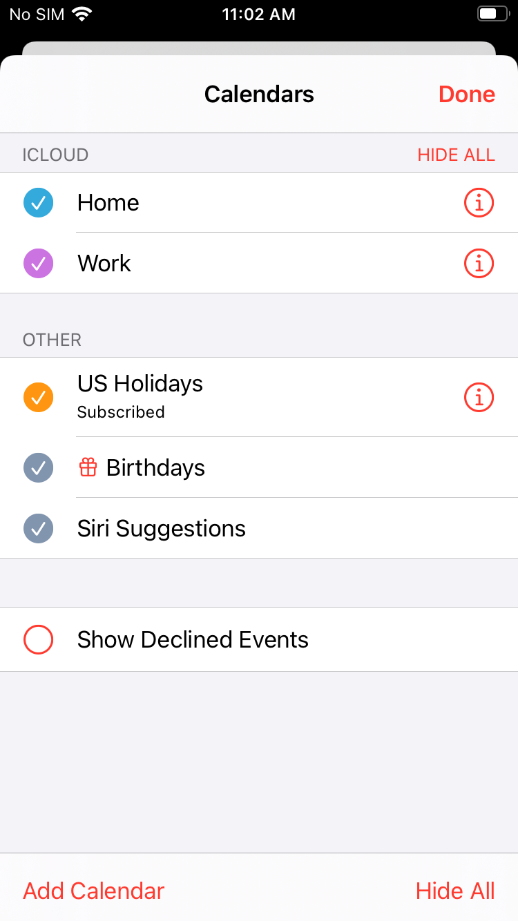 ios calendar app calendar list