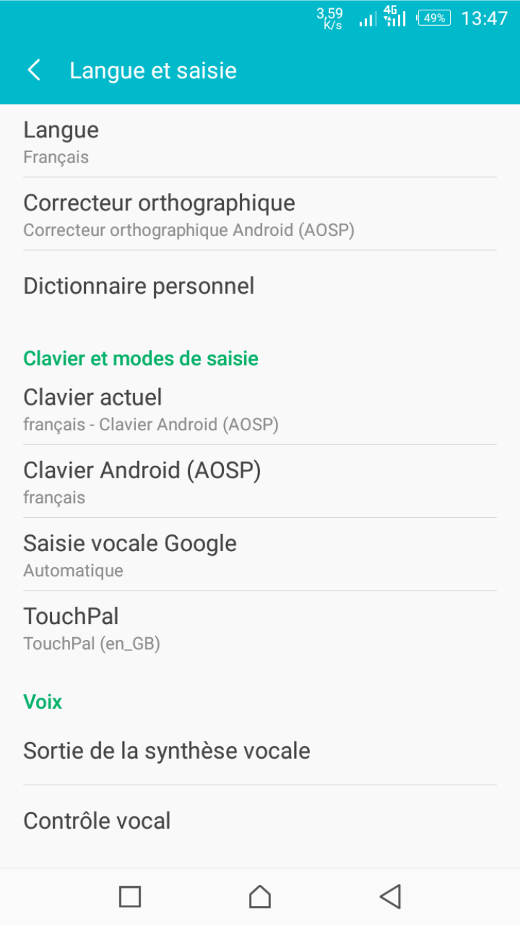 Language & input menu in Français
