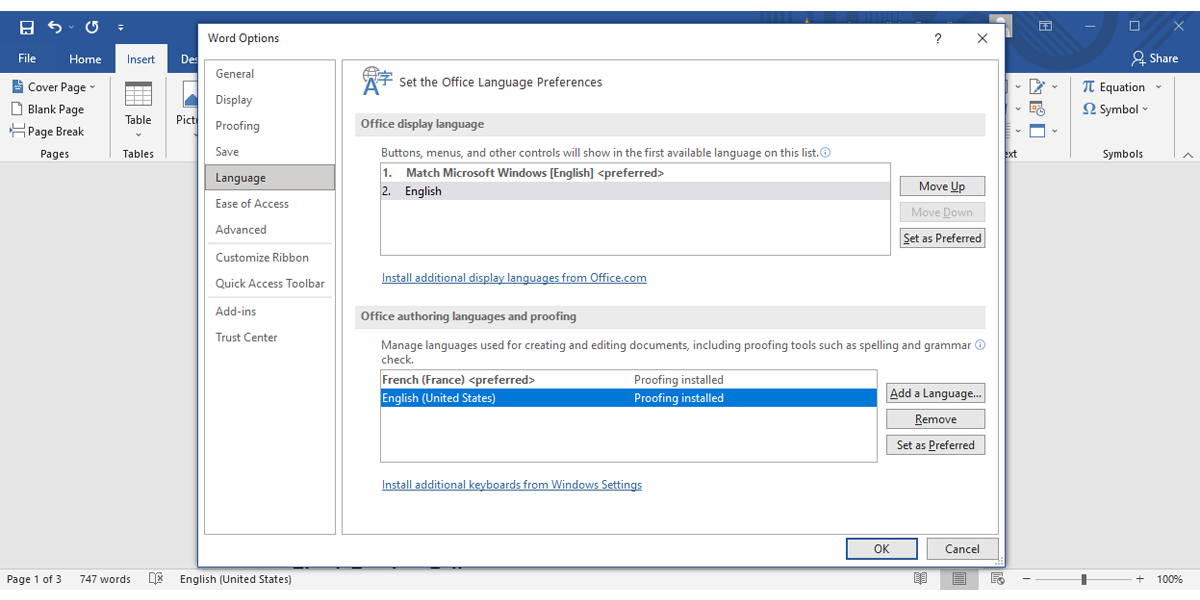 Microsoft Word settings