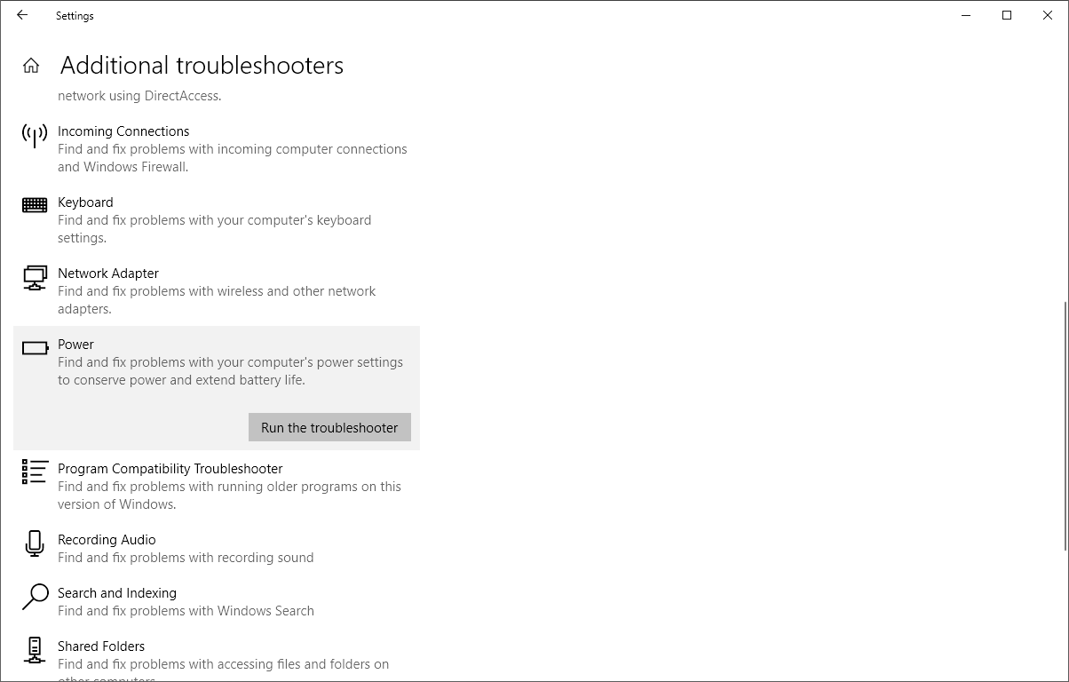 launch the power troubleshooter in windows 10