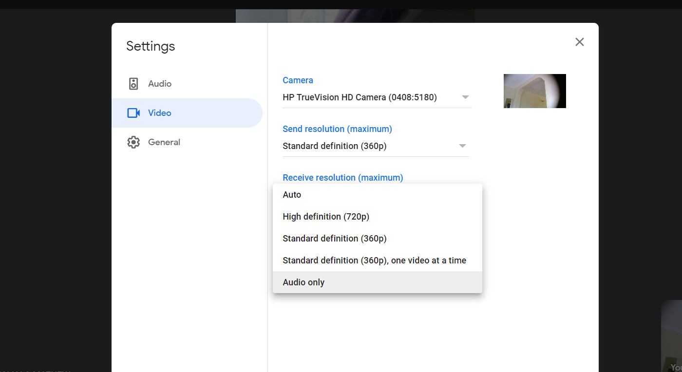 Google Meet web video settings