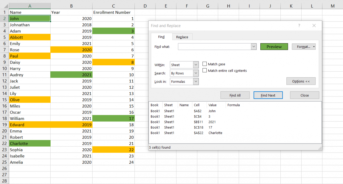 So verwenden Sie die Suchfunktion zum Suchen und Ersetzen in Excel - list of cells with the formatting e1625124689794