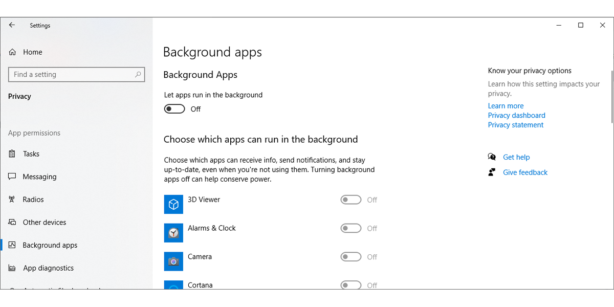 Background apps settings in Windows 10
