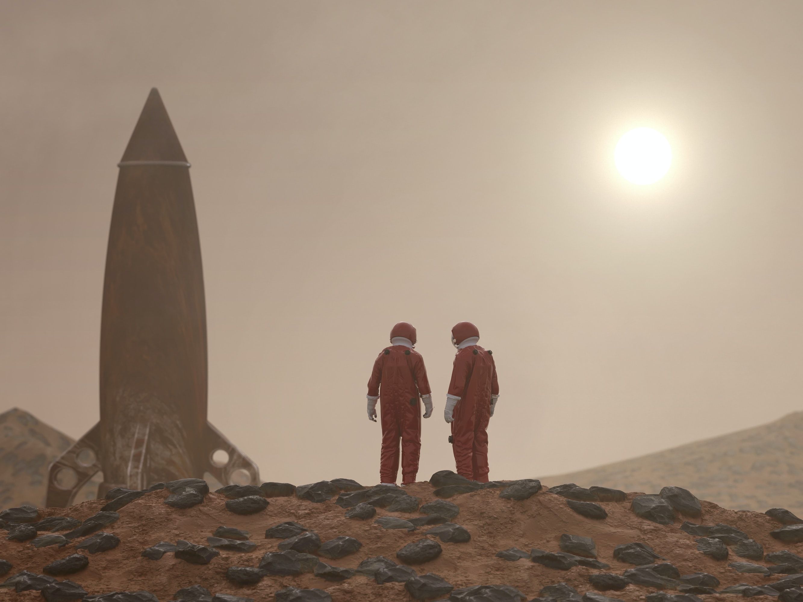Two people standing on Mars