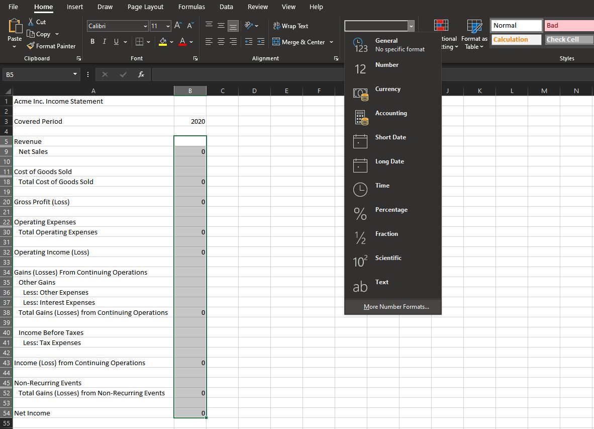 So erstellen Sie eine Gewinn- und Verlustrechnung in Excel - more number formats