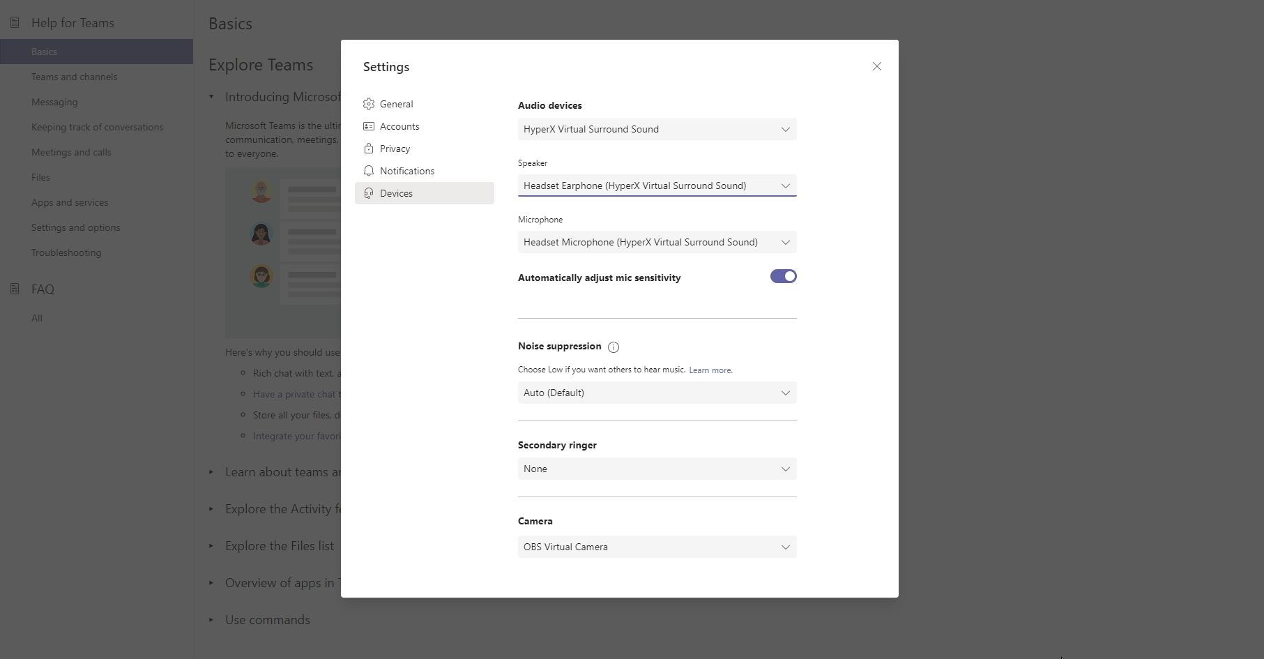 Microsoft Teams Devices settings