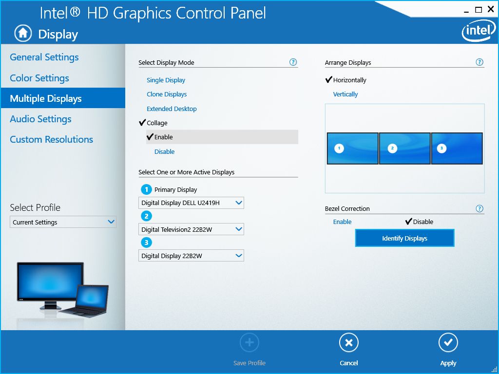 Multiple displays submenu on Intel HD Graphics Control Panel