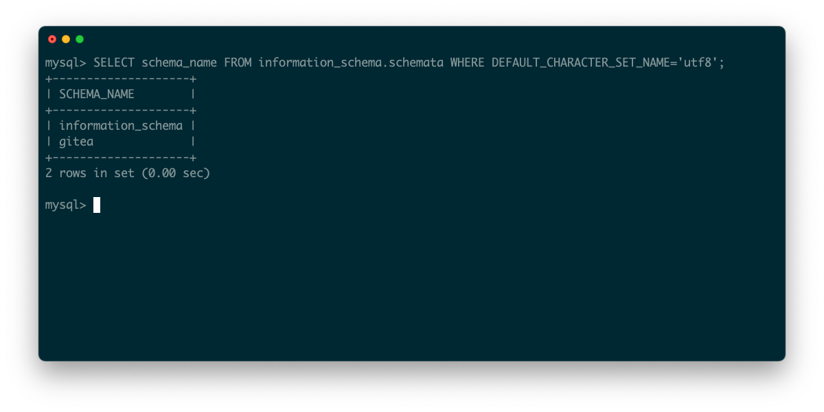 A screenshot of a terminal showing the results of filtering the system schemata table on character set