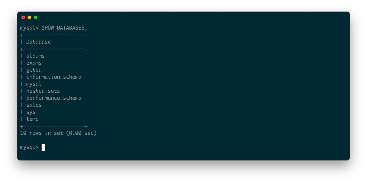 A screenshot of a terminal showing the result of the mysql command SHOW DATABASES