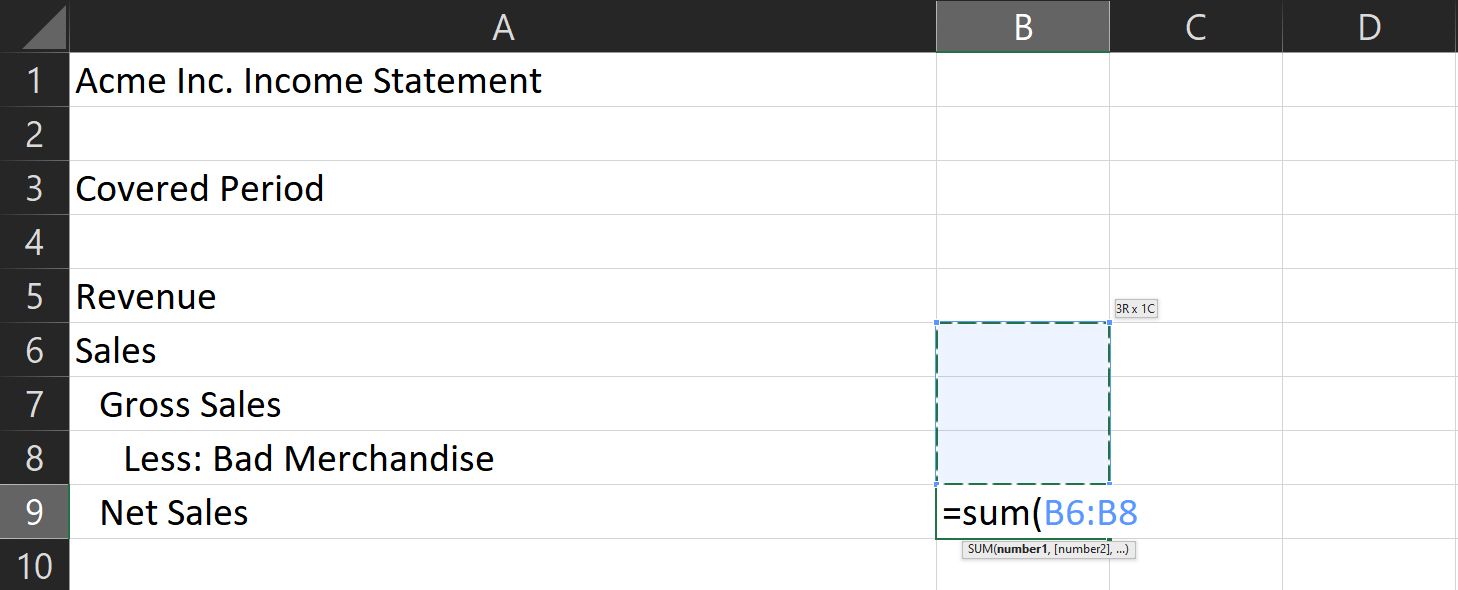 So erstellen Sie eine Gewinn- und Verlustrechnung in Excel - net sales subtotal