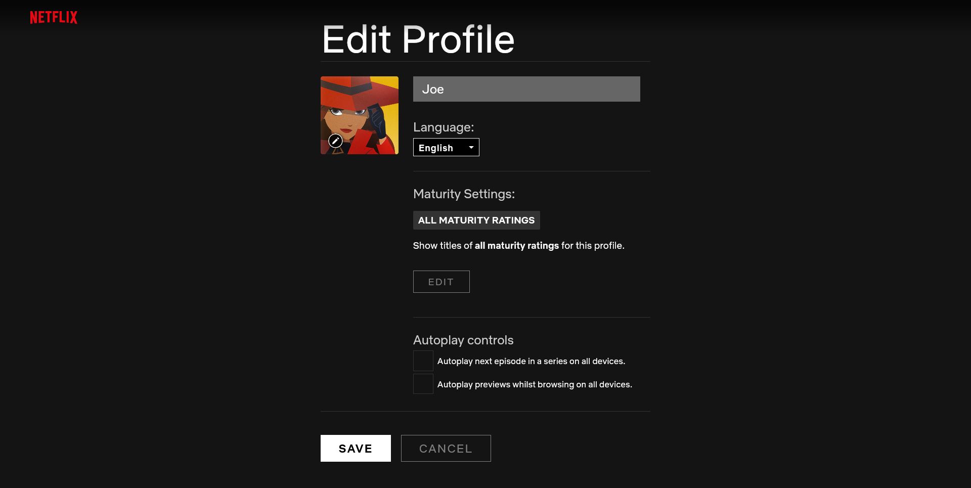 Edit profile page on Netflix.
