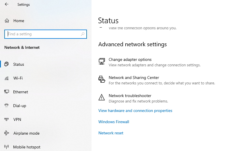 network reset in settings