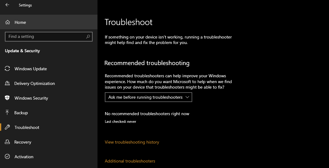 Windows 10 troubleshoot menu