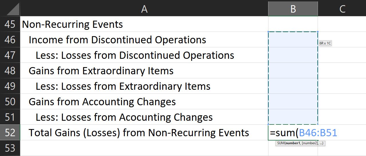 So erstellen Sie eine Gewinn- und Verlustrechnung in Excel - non recurring events formula