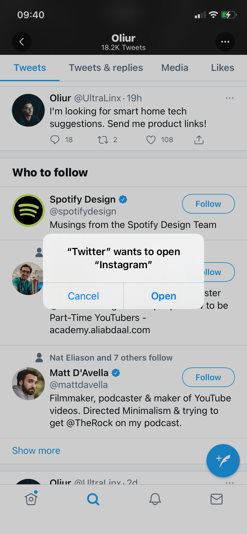 Twitter asking permission to open Instagram