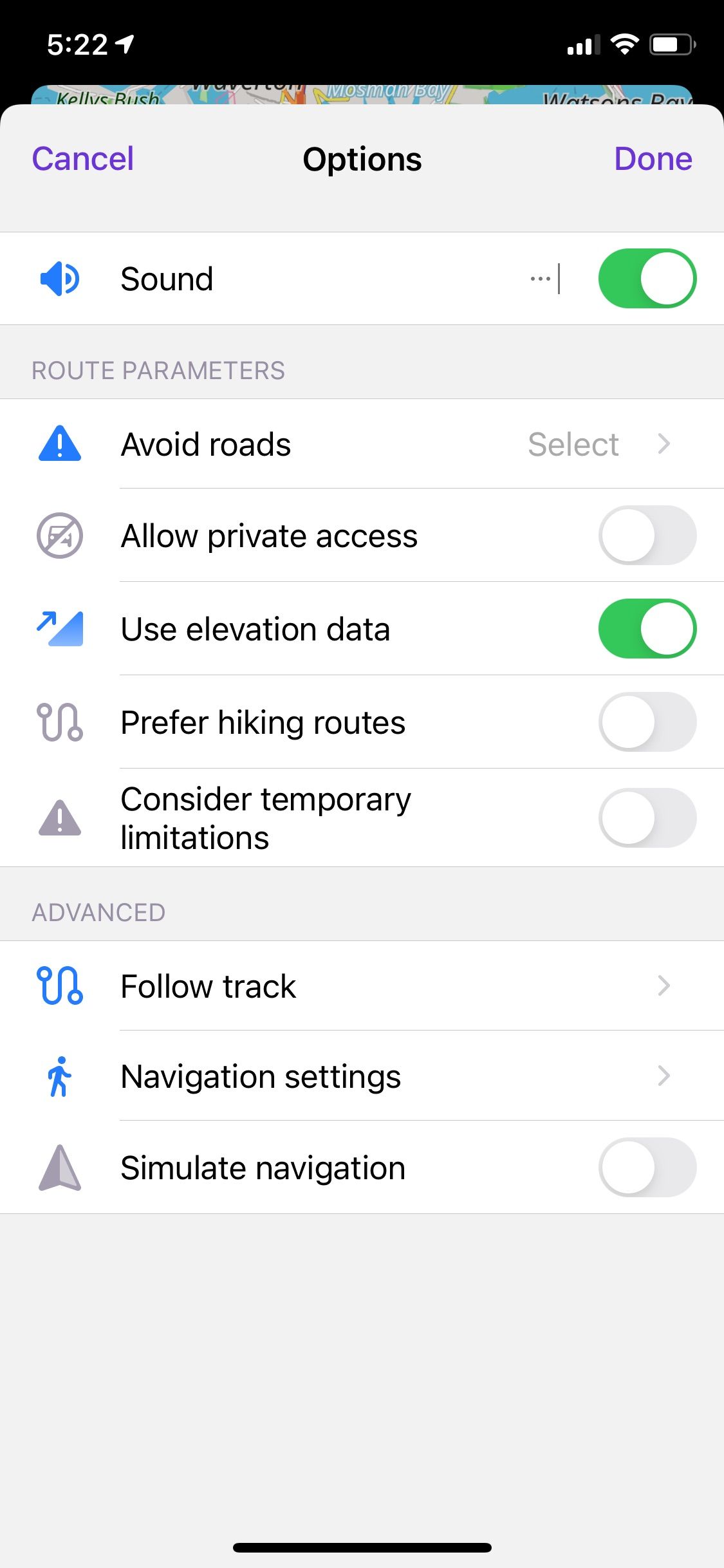osmand maps app route options