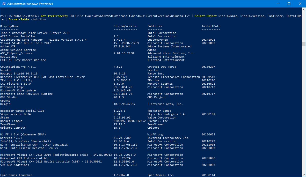 powershell list of installed programs