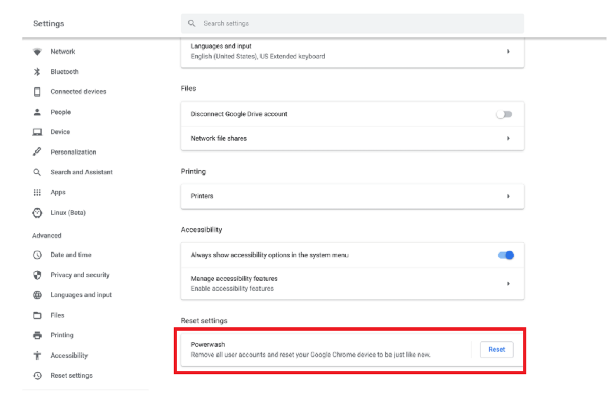 Chromebook Powerwash setting