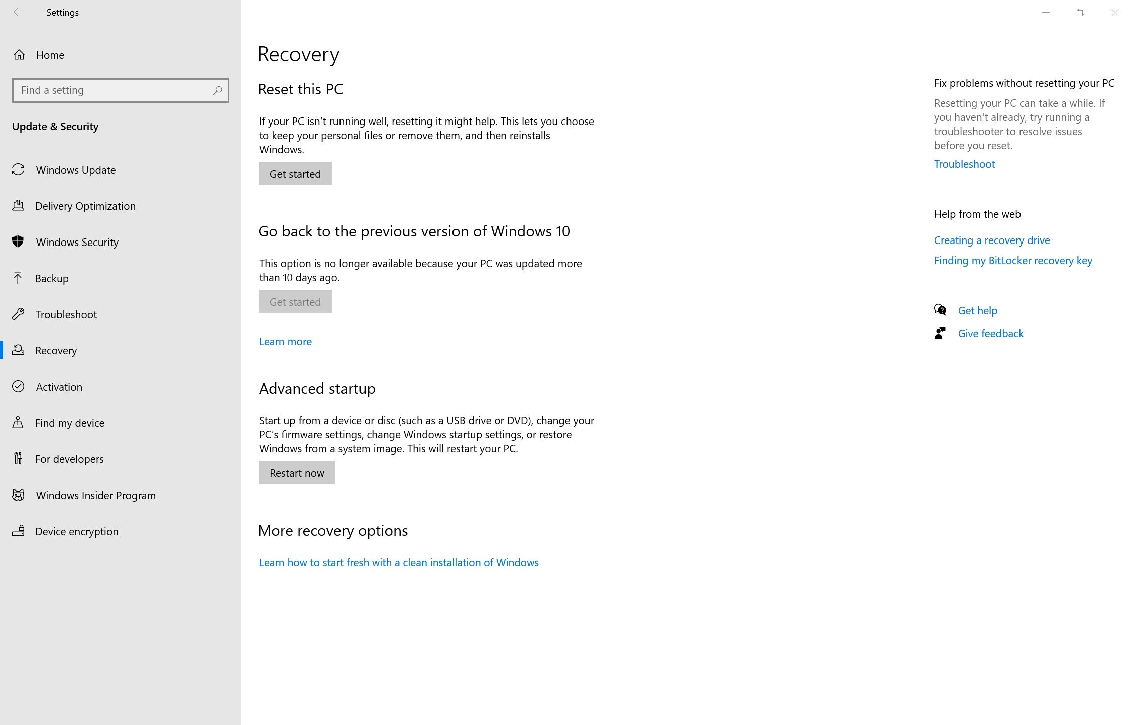 Recovery settings in Windows 10.